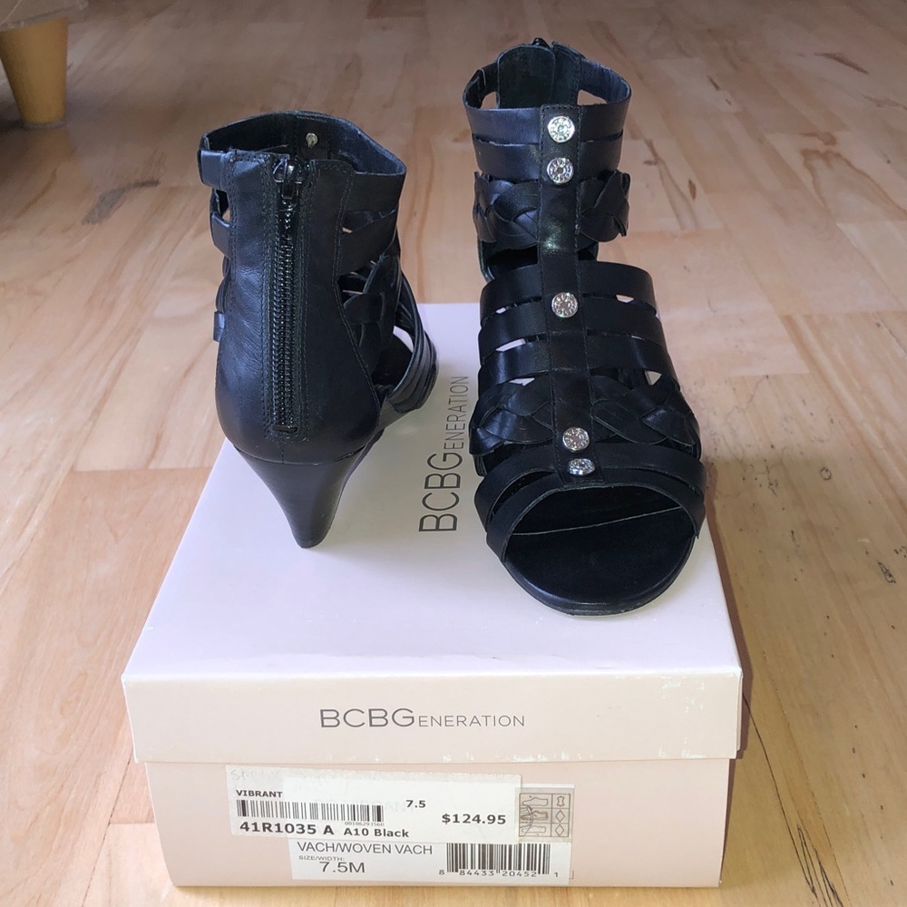 BCBG Leather Black Braided Strappy Heel Sandals w/Silver Stud Accents - 7.5M